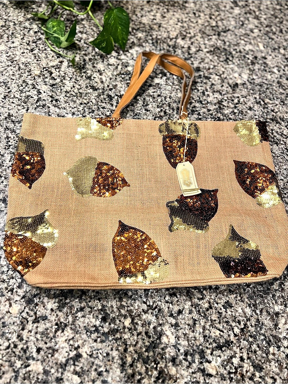 Mud Pie Acorn Sequin Sparkle Jute Tote Brown & Gold